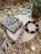 Wristlet ID Badge Pouch Keychain Black/White Cheetah Print