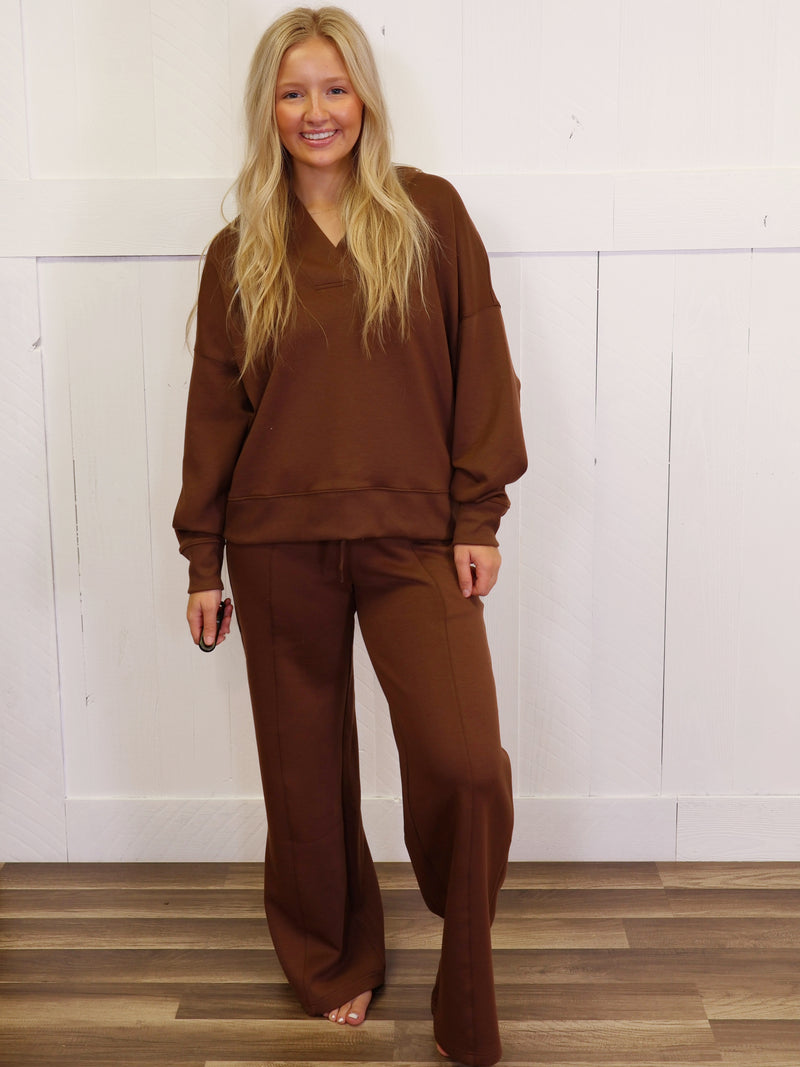 Zenana Scuba Collared  Pullover Pant Set Brown