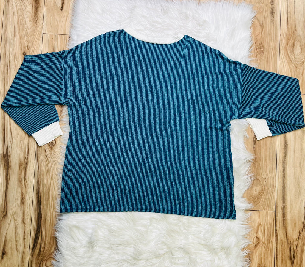 Women’s Zenana Teal White Detail Ribbed Set Curvy