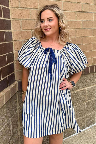 Umgee White and Navy Striped Dress - Mini Mee Boutique