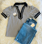 Women’s EvermmeeCollared Split Neck Black Striped Top