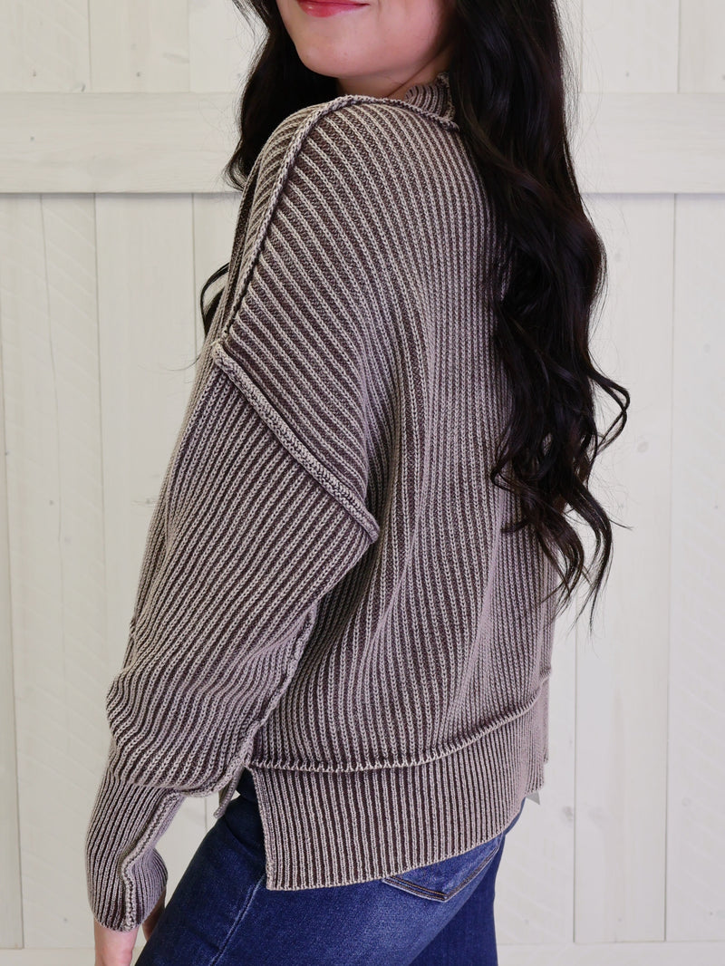 Brown Washed Side Slit Oversized Cropped Sweater