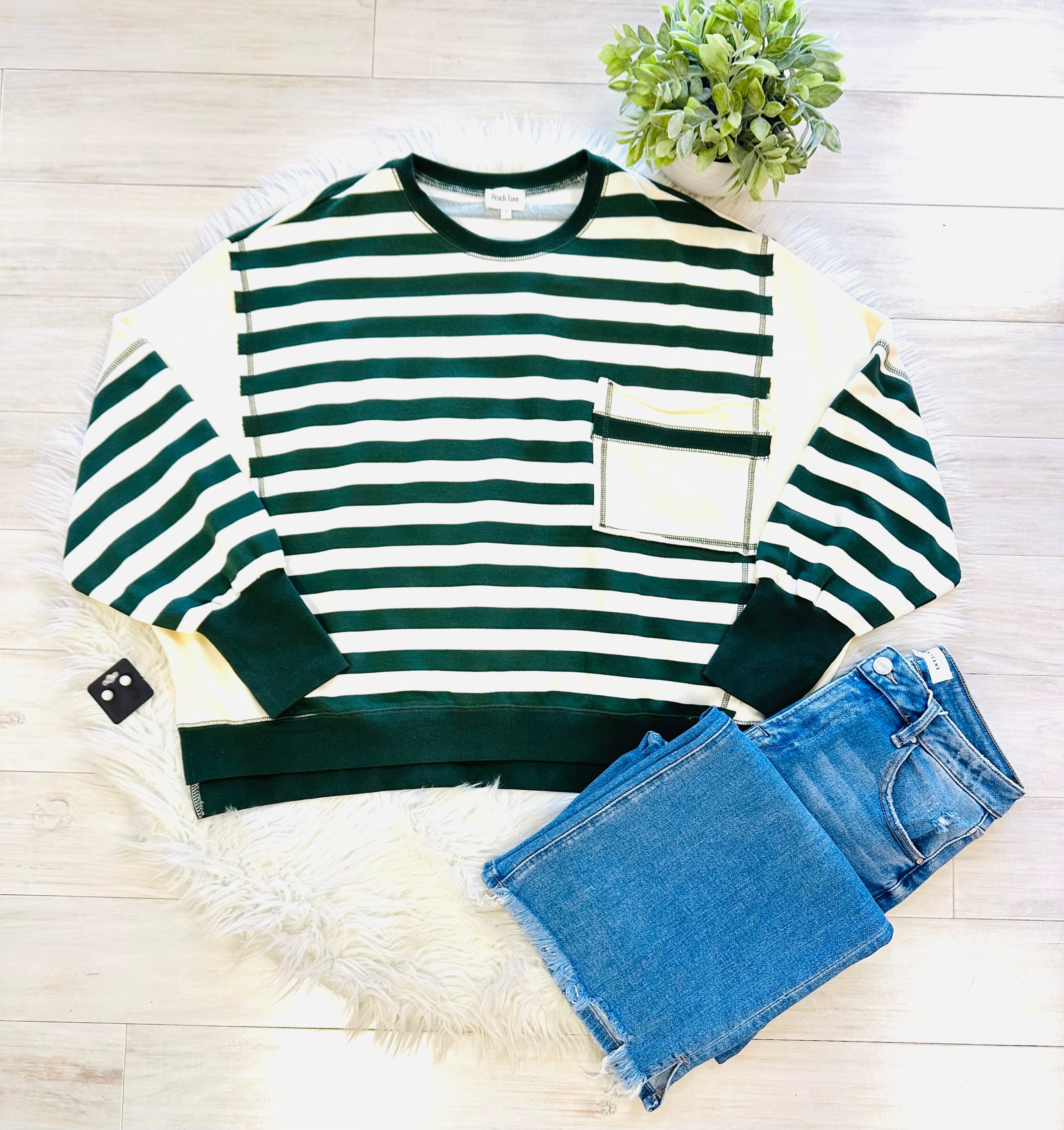 Women’s Peach Love Striped Forest Green Sweater Top
