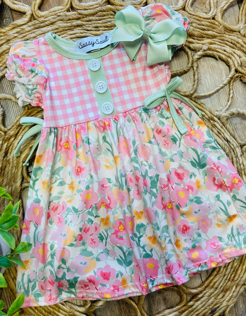 Girls Pink Floral Dress With Green Accents