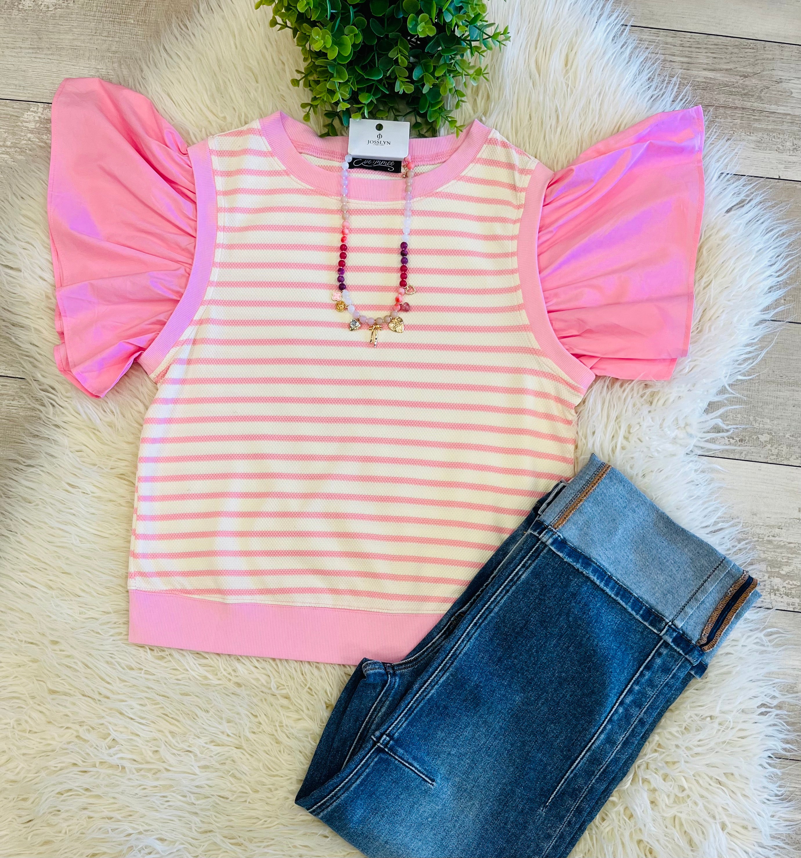 Women’s Evermmee Pink Stripe Ruffle Sleeve Top