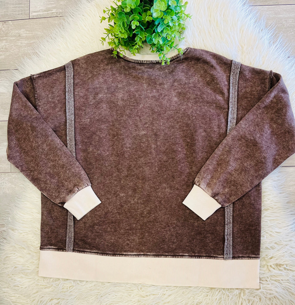 Women’s Zenana Washed Exposed Seam Sweatshirt In Chocolate Brown