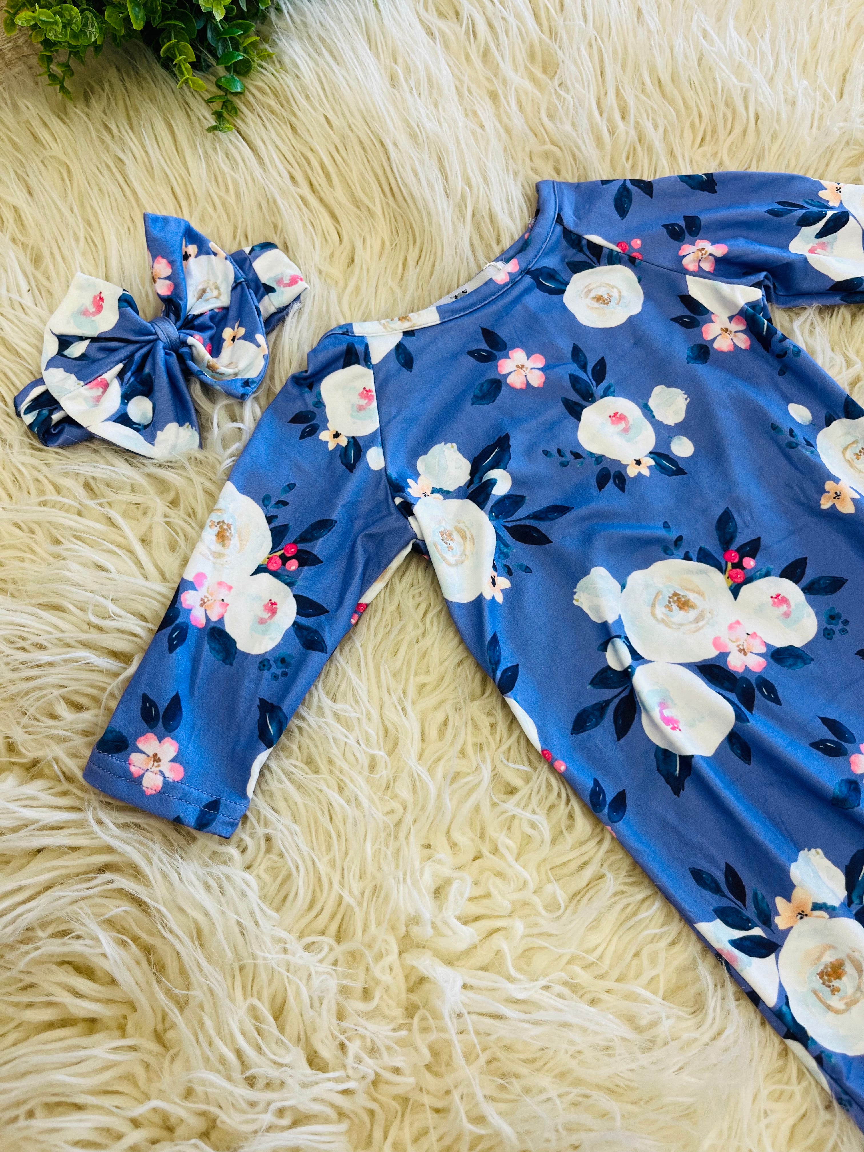 Girls Purple Floral Baby Gown with Matching Headband