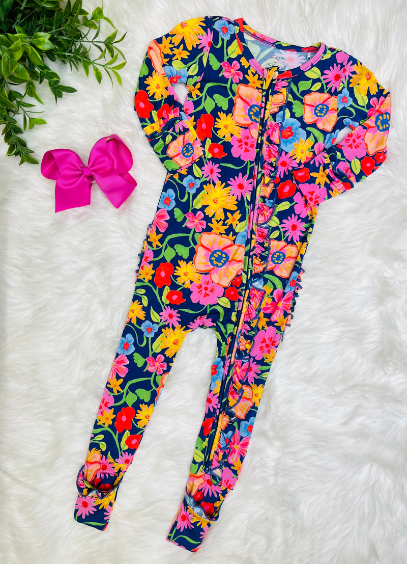Girls Navy Bright Floral Bamboo Pajama Romper