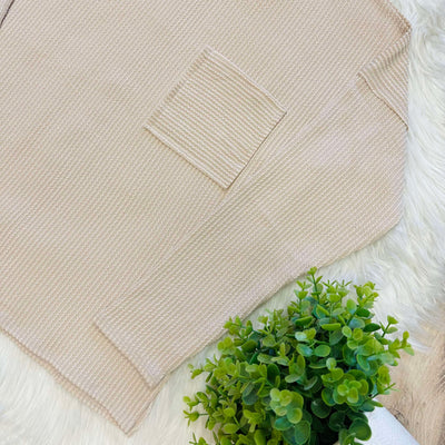 Zenana Ribbed Raw Edge Pocket Top Sand Beige