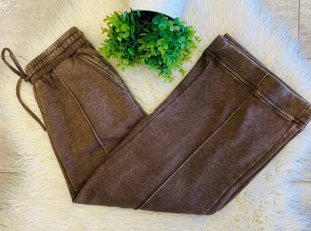 Women’s Zenana Cropped Wide Leg Comfy Mocha Acid Wash Pants - True to Size
