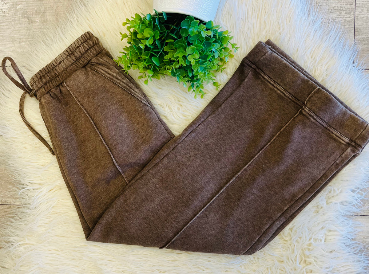 Women’s Zenana Cropped Wide Leg Comfy Mocha Acid Wash Pants - True to Size