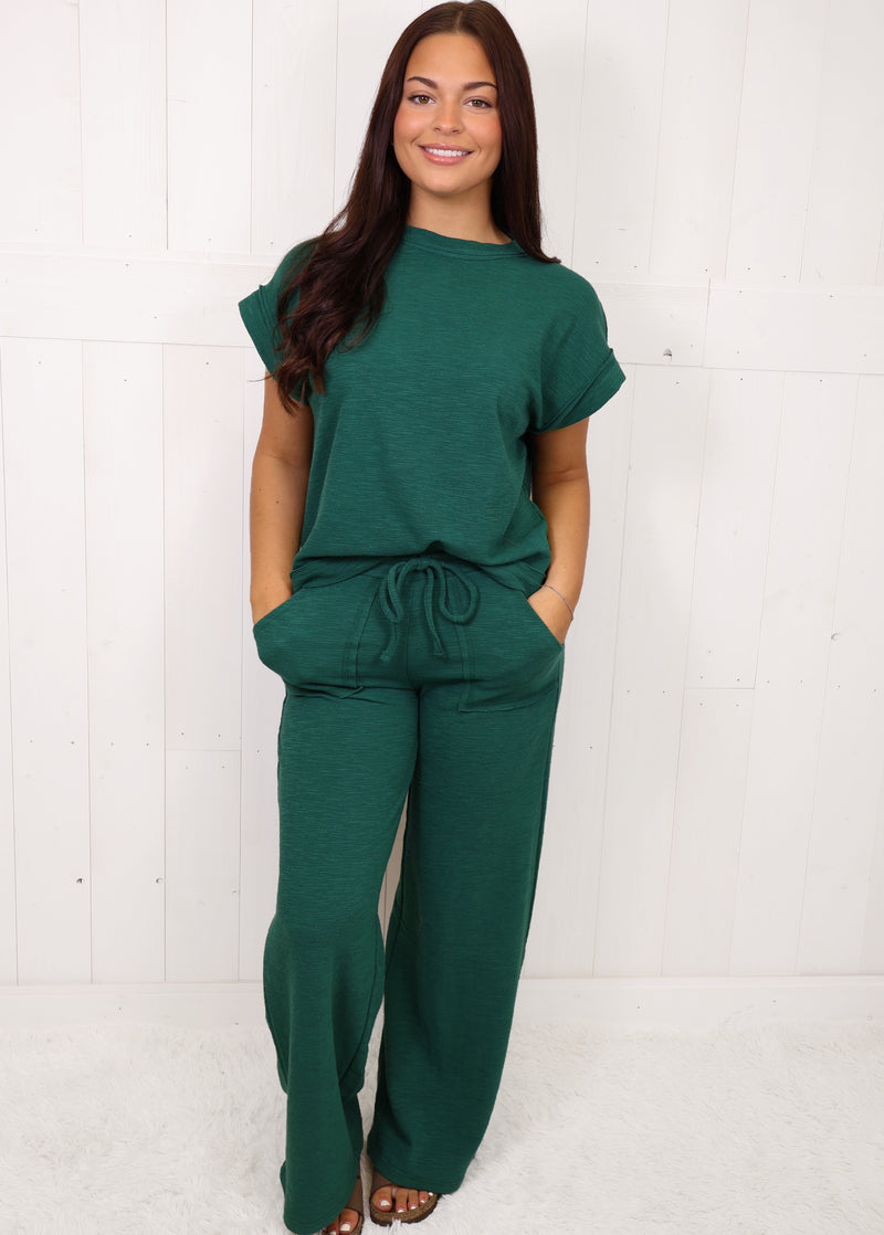 Zenana Slub Short Sleeve Pant Set Hunter Green