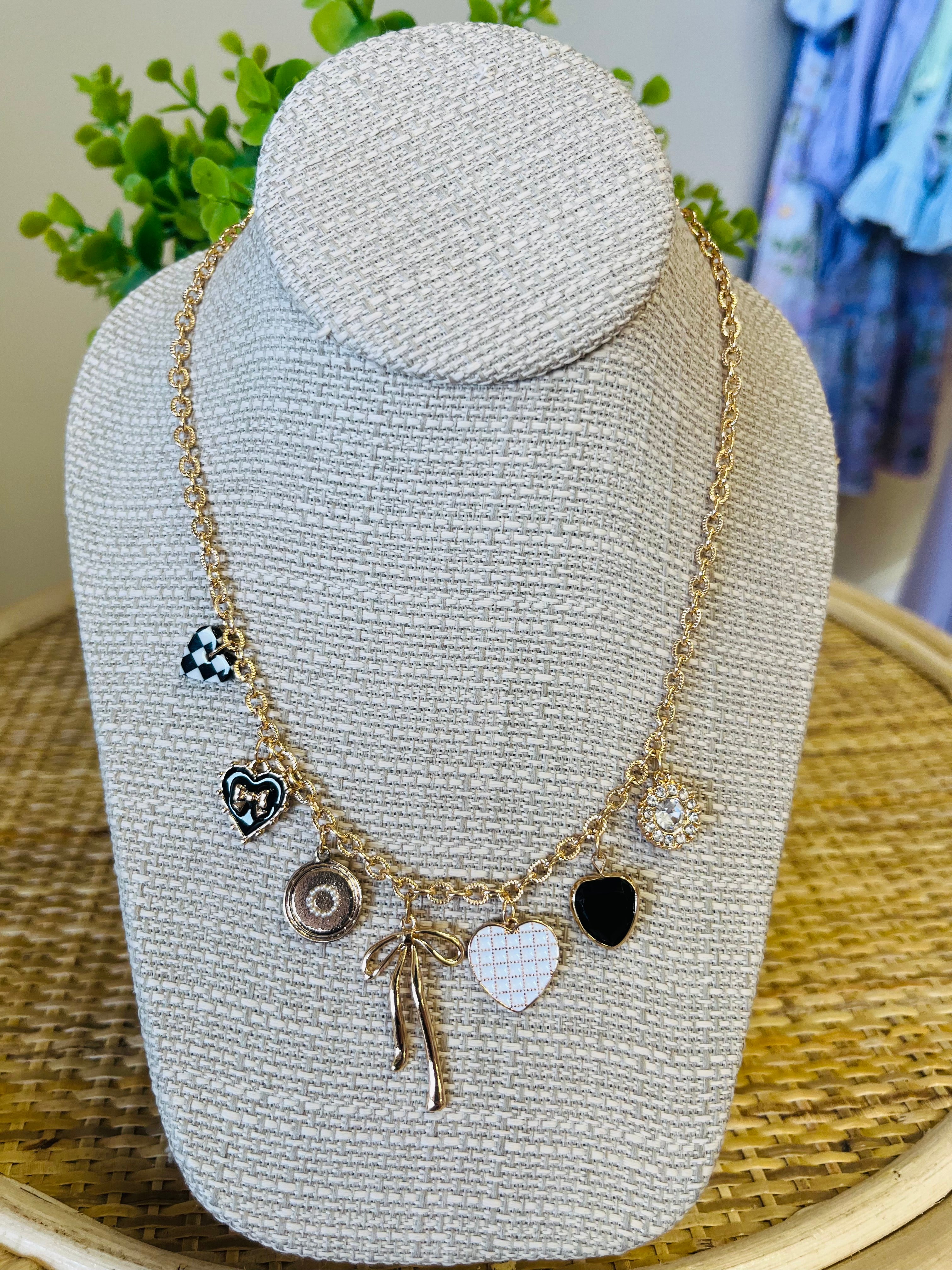 Women’s Checker Heart Bow Charm Necklace