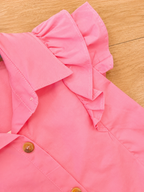 Girls Pink Ruffle Sleeve Collared Linen Dress