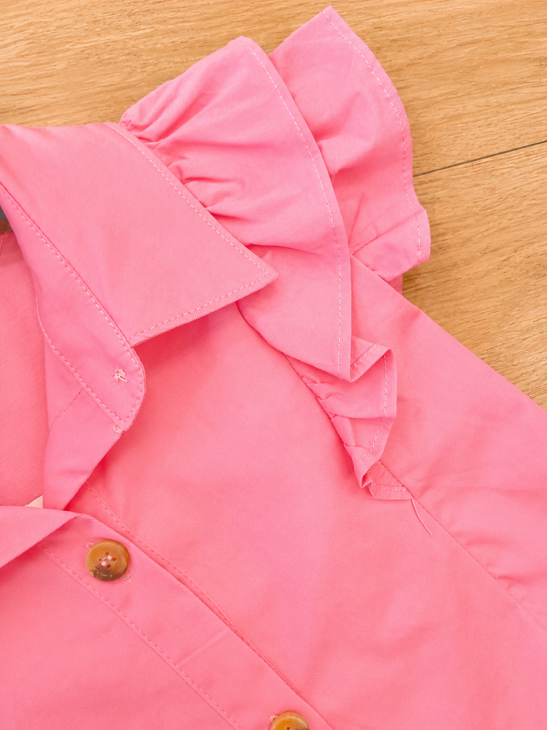 Girls Pink Ruffle Sleeve Collared Linen Dress