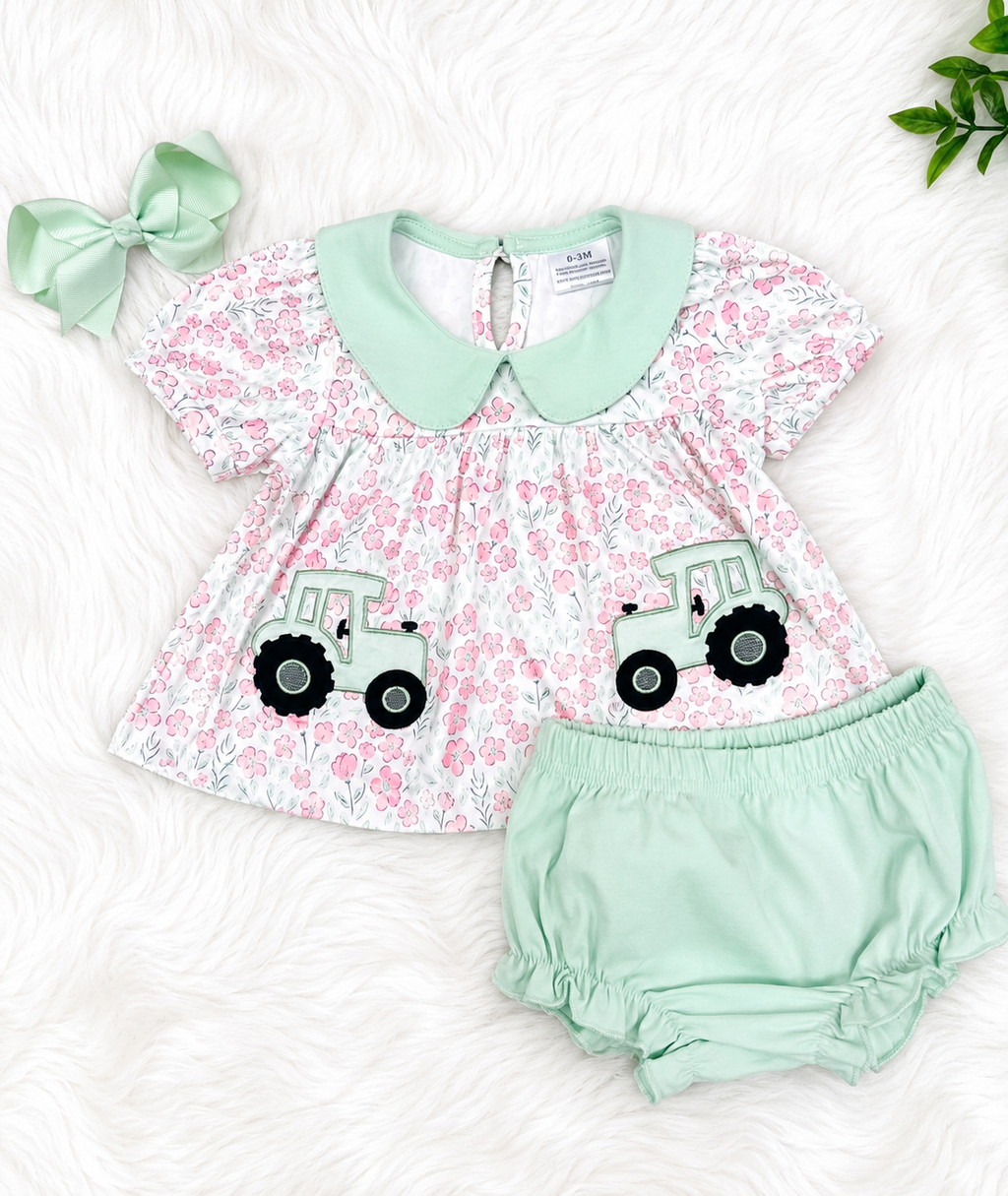 Girl’s Pink and Sage Floral Print Tractor Bloomer