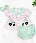 Girl’s Pink and Sage Floral Print Tractor Bloomer