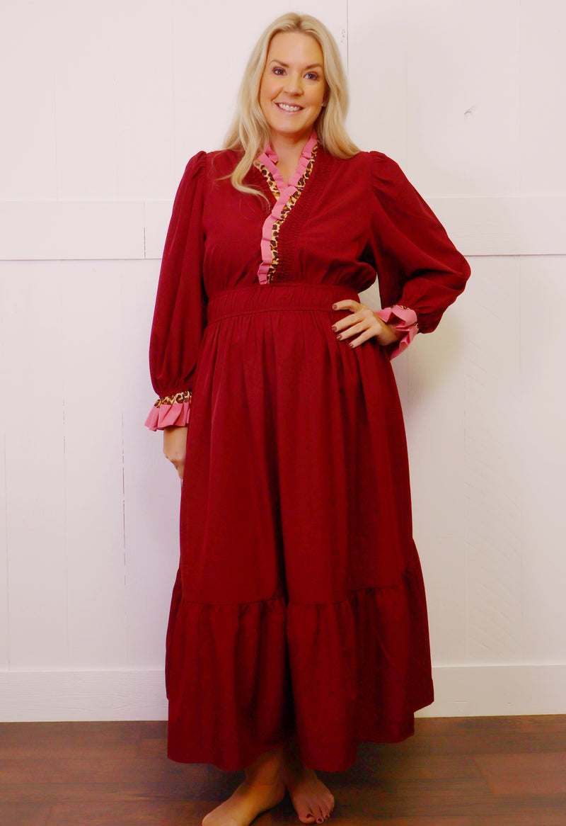 Umgee Wine Cheetah Trim Dress