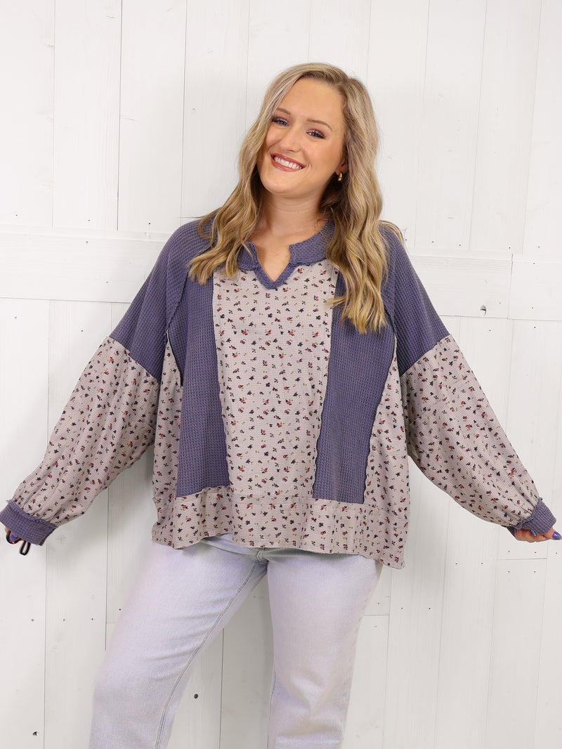 POL Blue Floral Oversized Top - Sweater Pullover