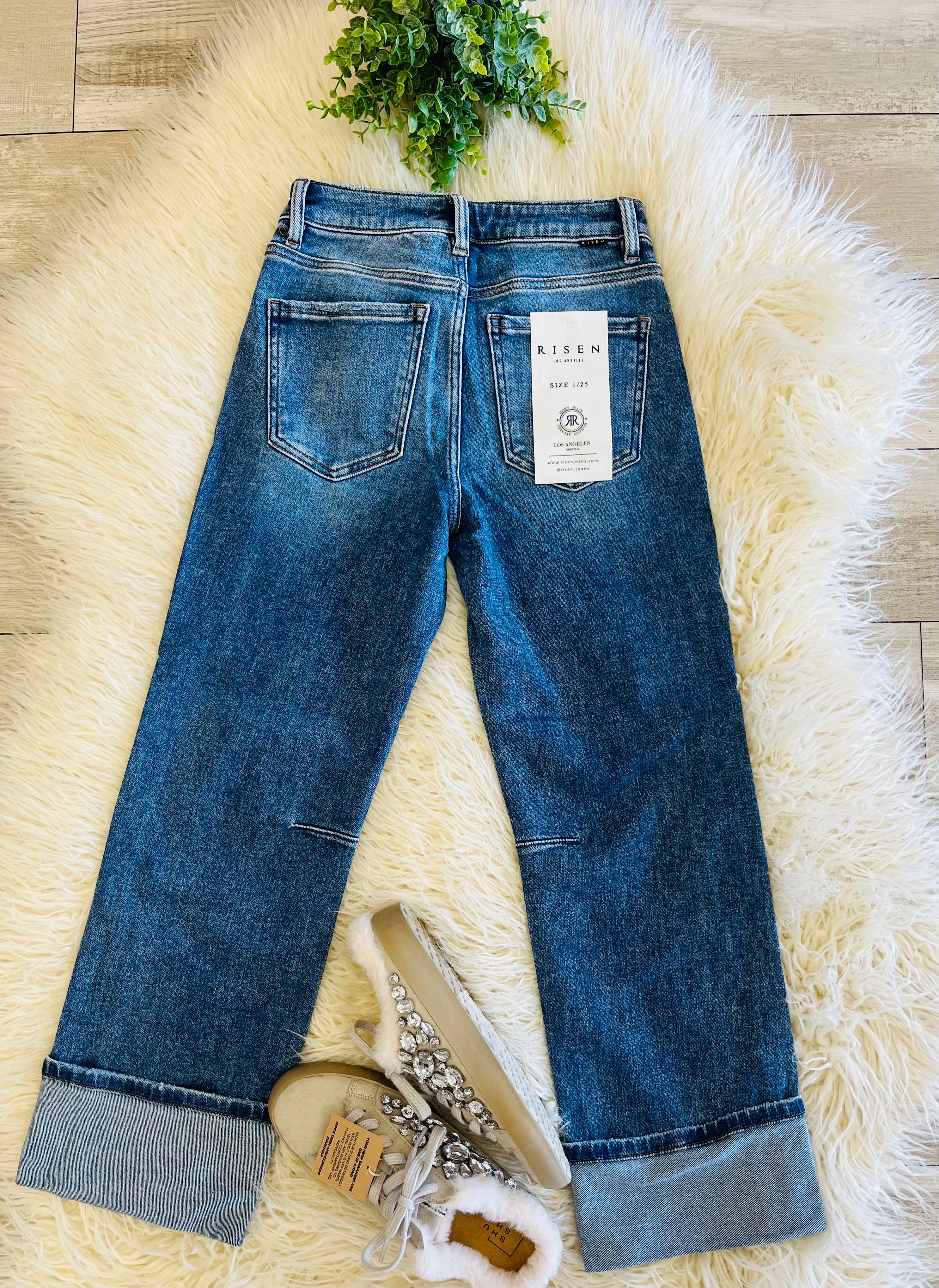 Women’s Risen High Rise Straight Cuffed Hem Jeans Style 1527