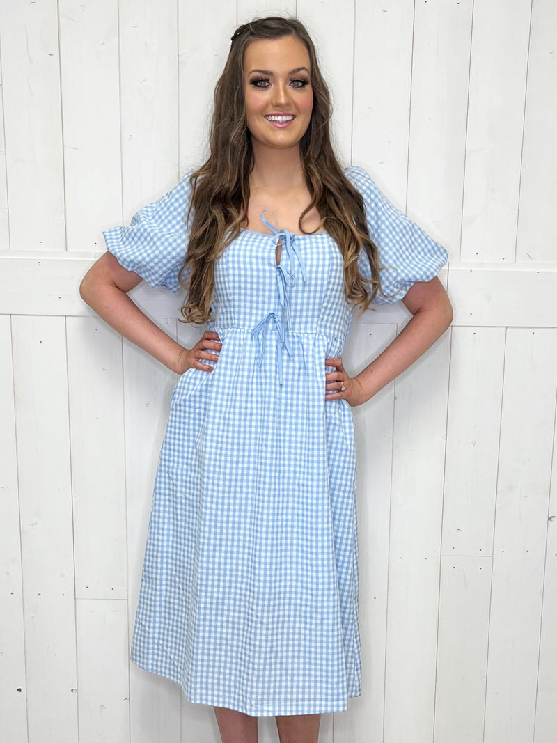 Women’s Light Blue Midi Gingham Dress - Mini Mee Boutique