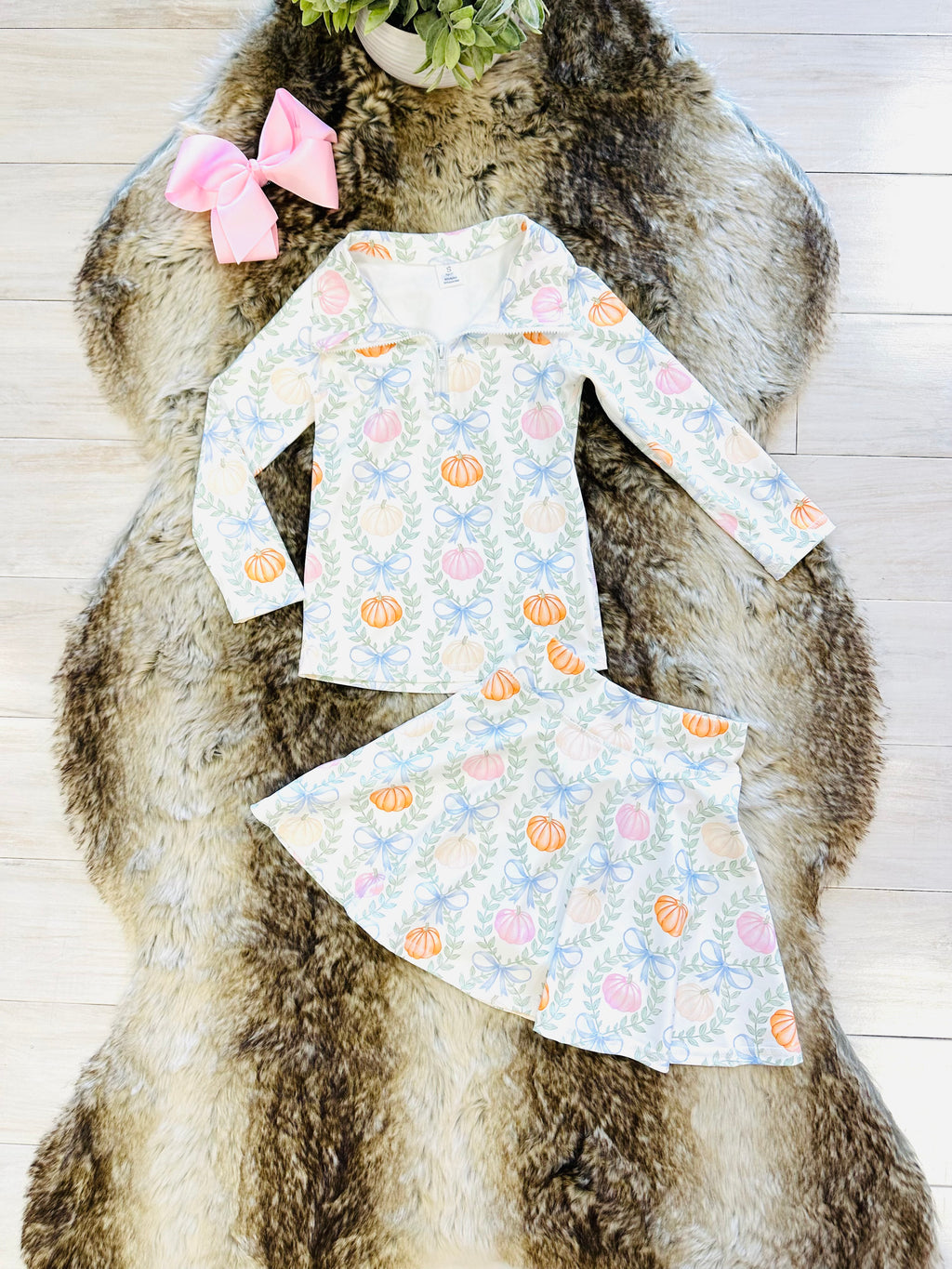 Girl’s Pastel Pumpkin & Bow Zip Up Outfit