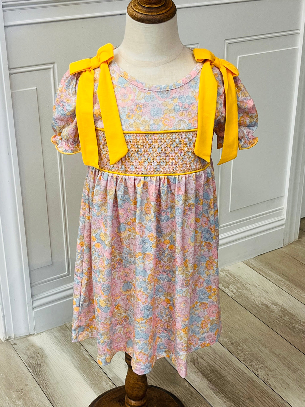 Girl’s Yellow Bow Smocked Floral Girl Dress