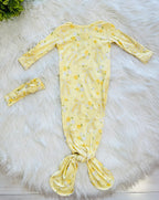 Girl’s Yellow Floral Print Knotted Gown with Matching Headband