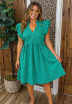 Women’s Kelly green ruffle sleeve and button dress
