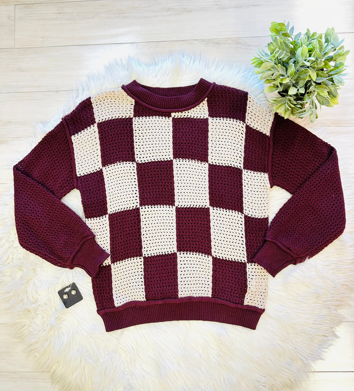 Women’s Evermmee Burgundy and Cream Checkered Sweater Top - True to Size