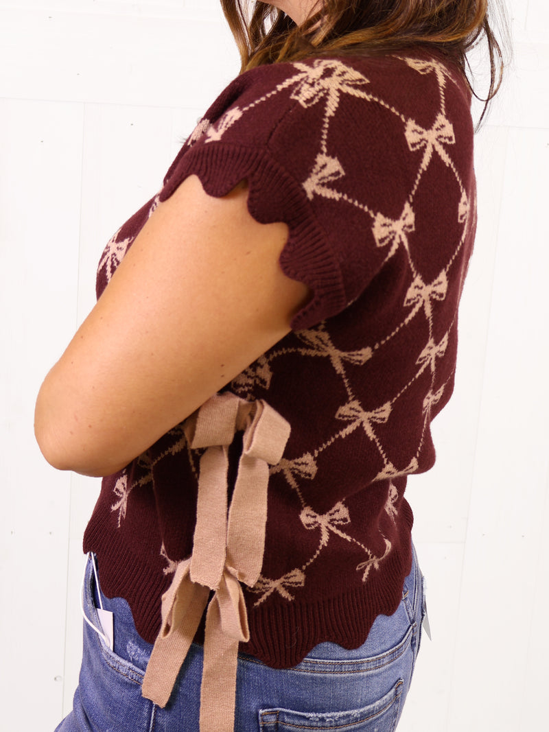 Burgundy Bow Pattern Sweater Top