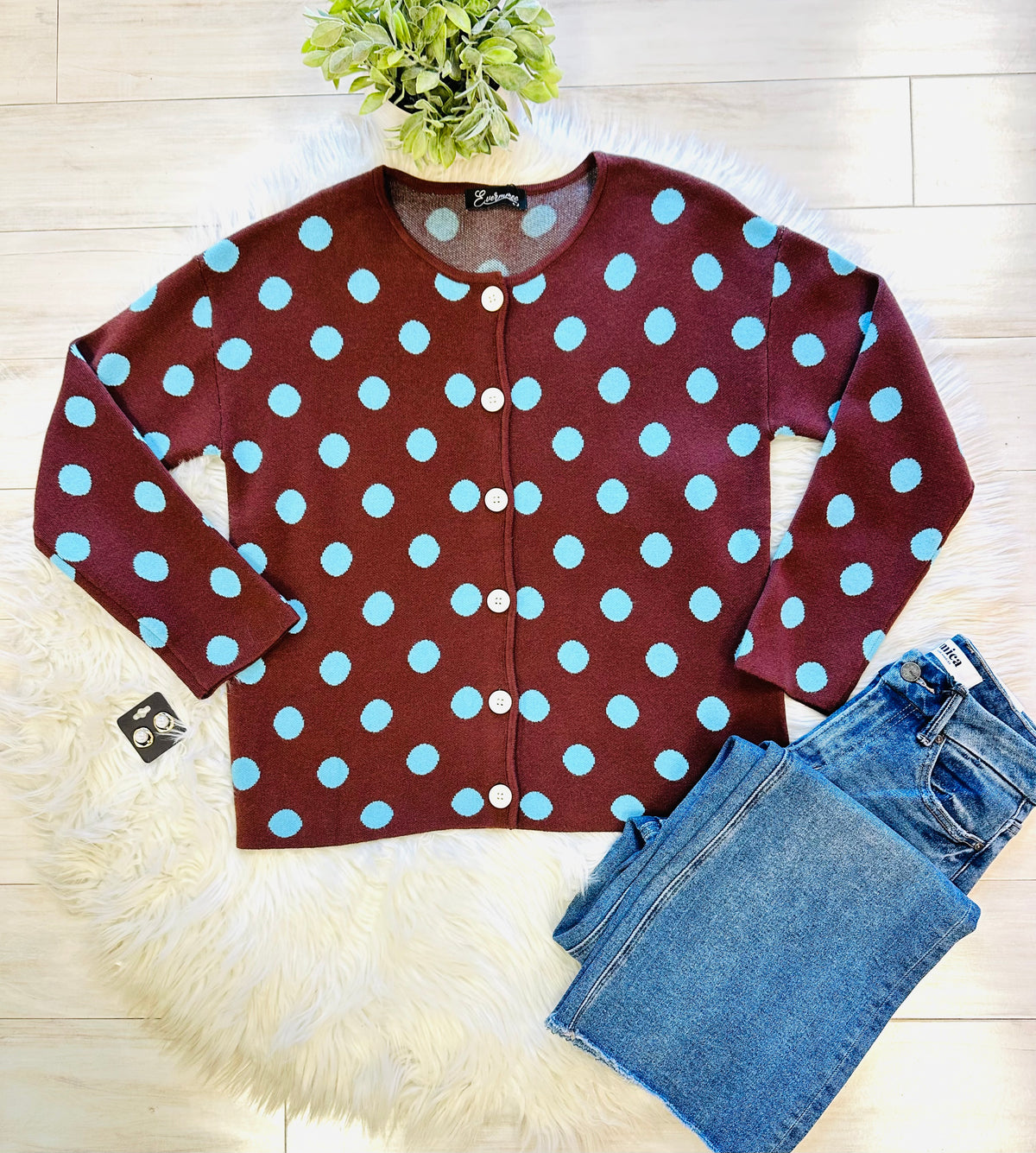 Women’s Evermmee Brown and Blue Polka Dot Button Sweater Top - True to Size
