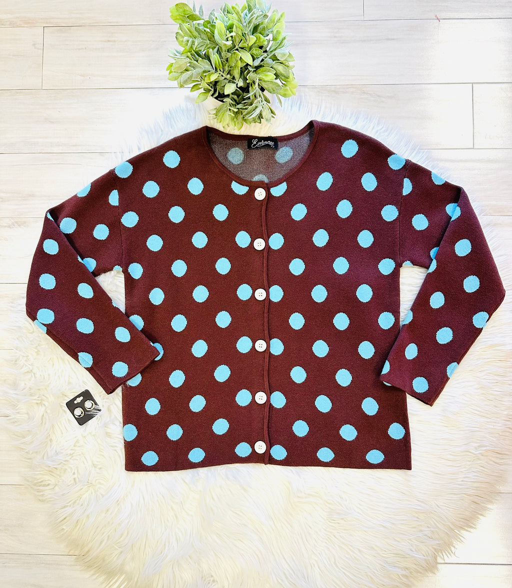 Women’s Evermmee Brown and Blue Polka Dot Button Sweater Top - True to Size