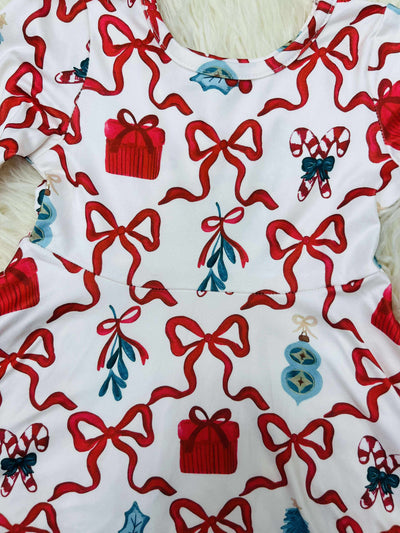 Girls Candy Cane Bow Print Dress