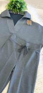 Women’s Zenana Short Sleeve Collared Scuba Set In Charcoal