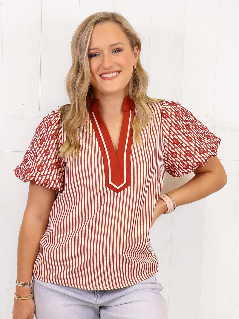 Entro Burnt Orange Mixed Print Puff Sleeve Top