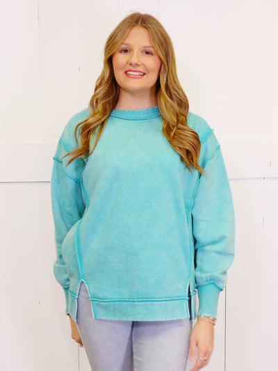 Turquoise Acid Wash Exposed Seam Sweater Pullover Top