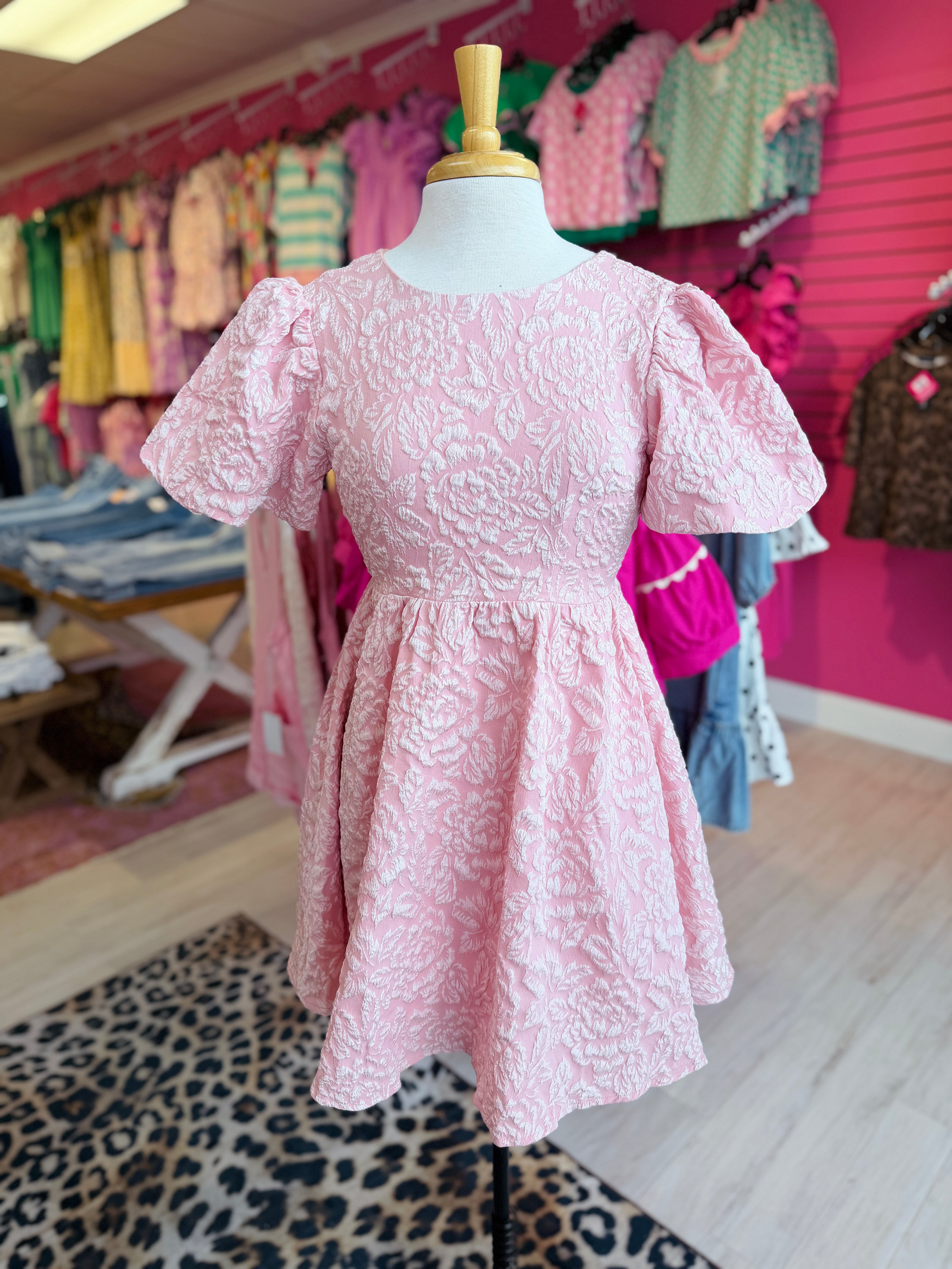 Women’s Blush Jacquard Mini Dress with Puff Sleeves and Tie Back