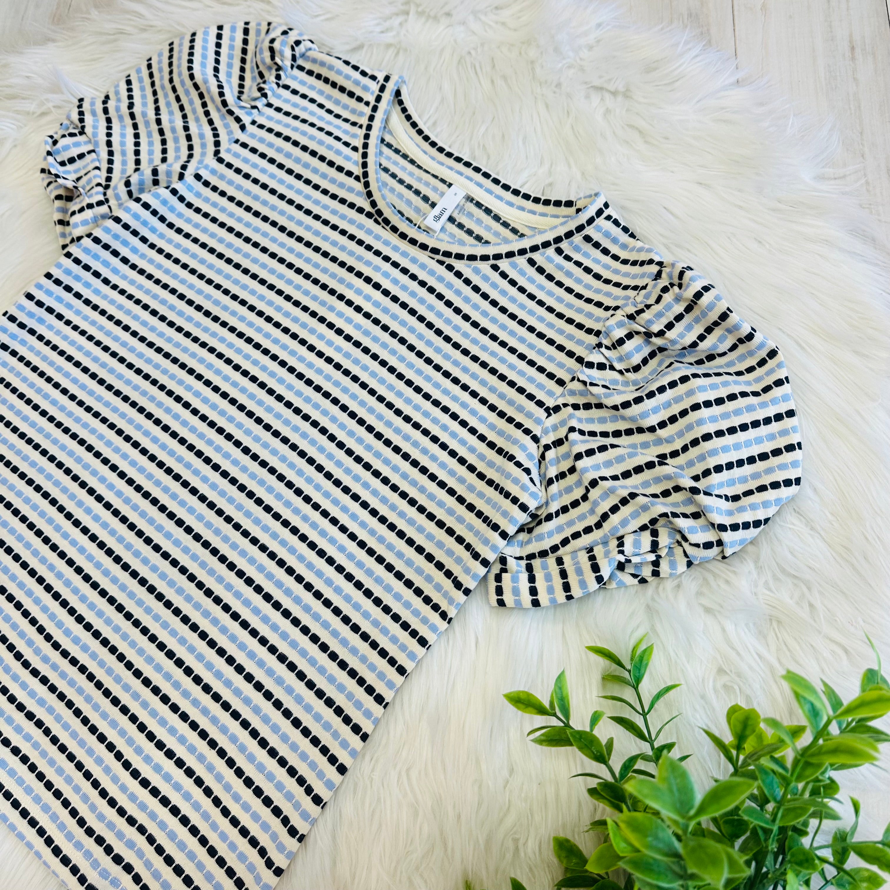 Women’s Glam Blue Stripe Puff Sleeve Top