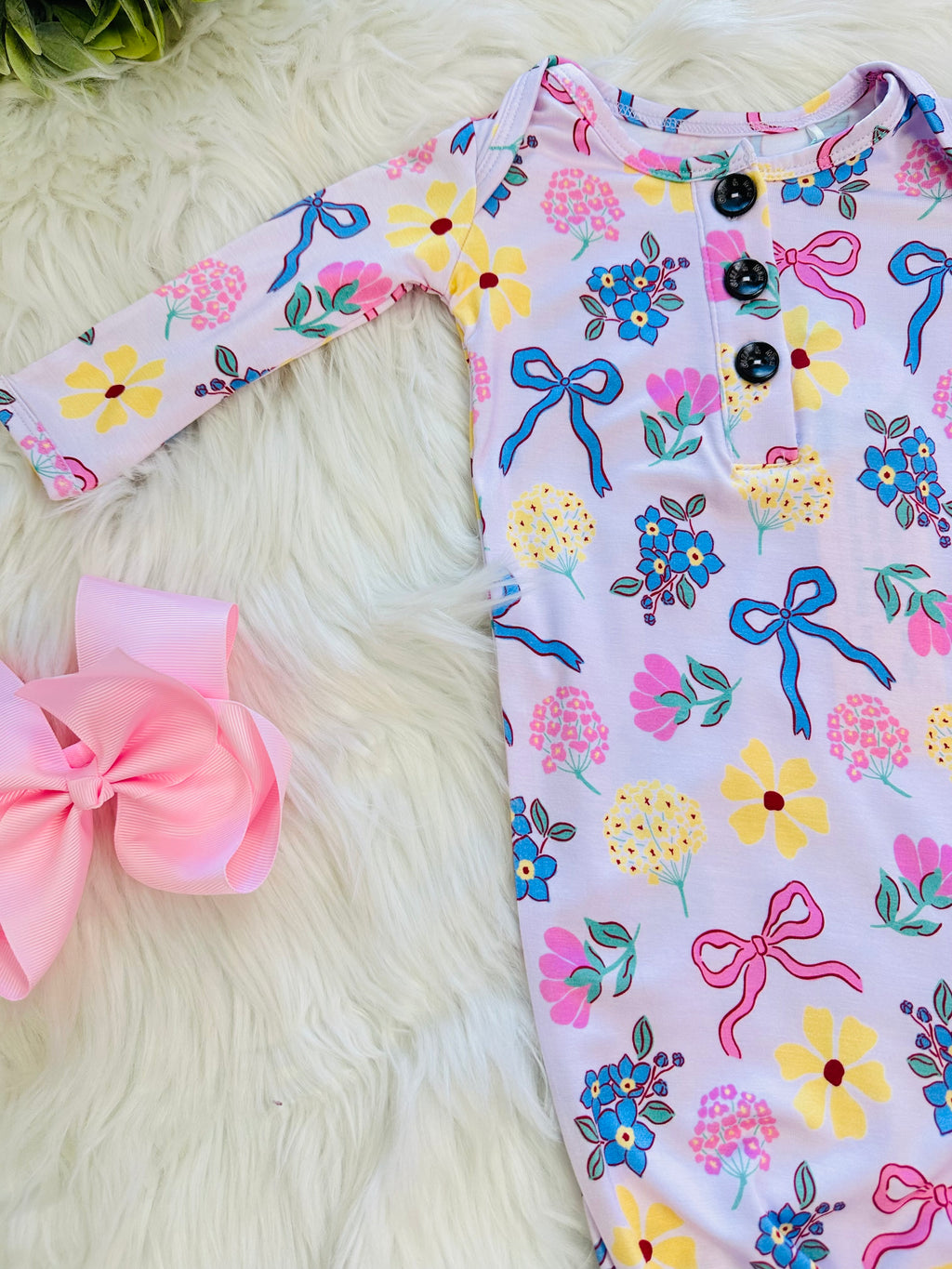 Girl’s Floral and Bow Printed Knotted Gown with Matching Headband