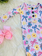 Girl’s Floral and Bow Printed Knotted Gown with Matching Headband