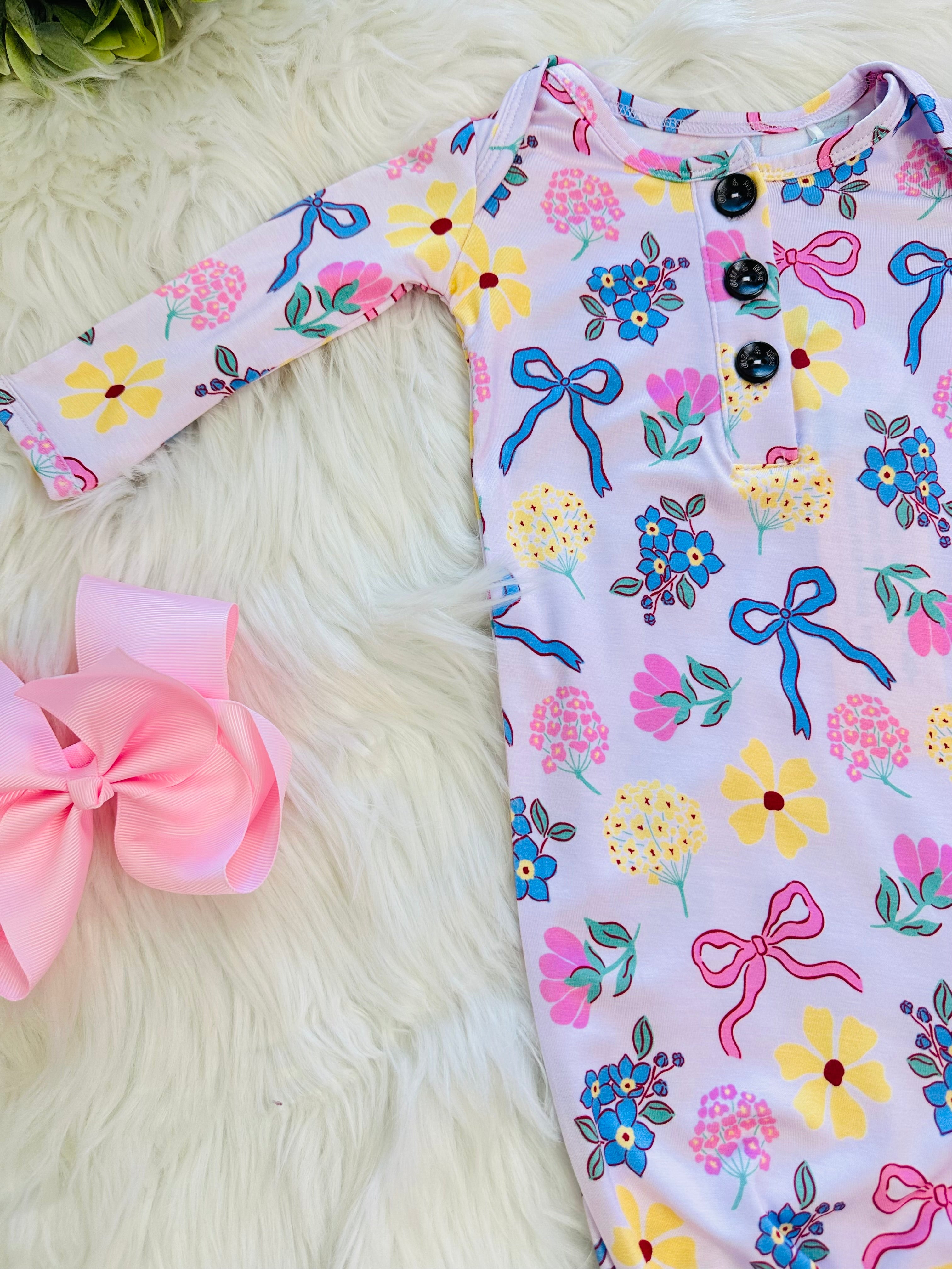 Girl’s Floral and Bow Printed Knotted Gown with Matching Headband