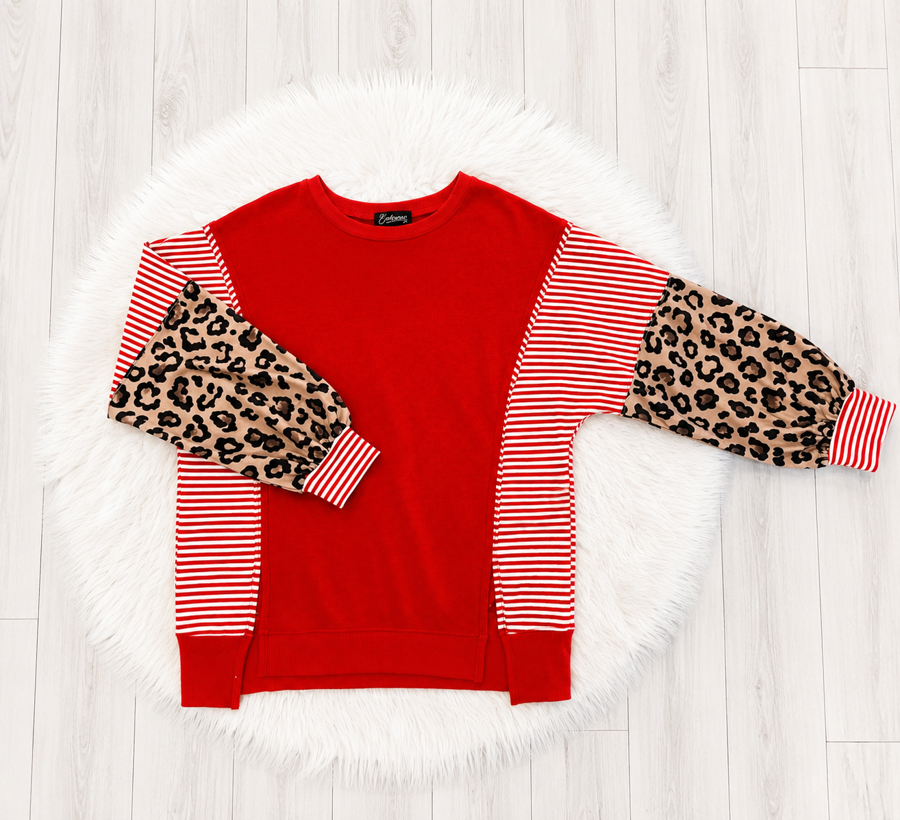 Women’s Evermmee Red Stripe Pullover with Leopard Sleeves - Oversized Top