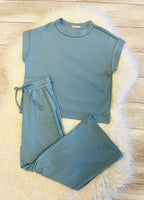 Women’s Zenana Blue Grey Ribbed Cuff Sleeve Pant Set - True to Size Oversized Look