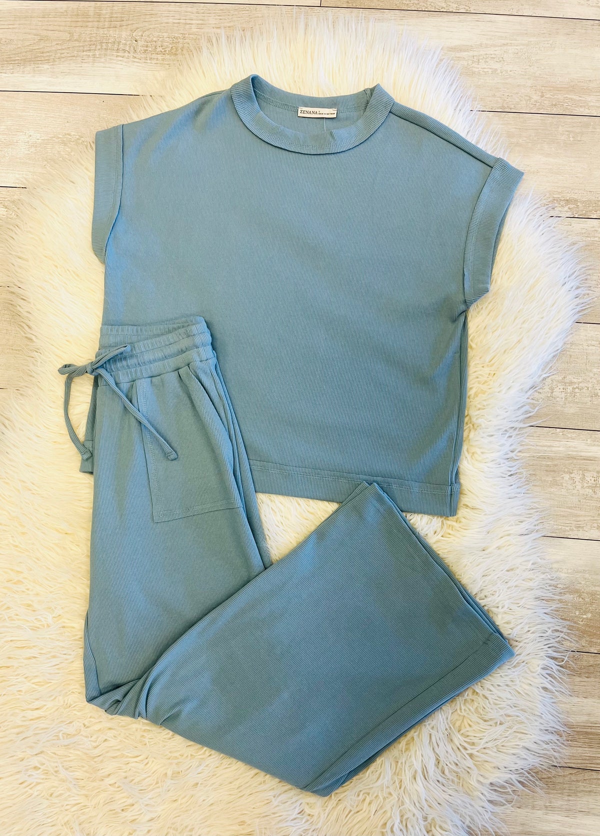 Women’s Zenana Blue Grey Ribbed Cuff Sleeve Pant Set - True to Size Oversized Look