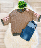 Women’s Brown Mineral Wash Floral On 3/4 Sleeves Top