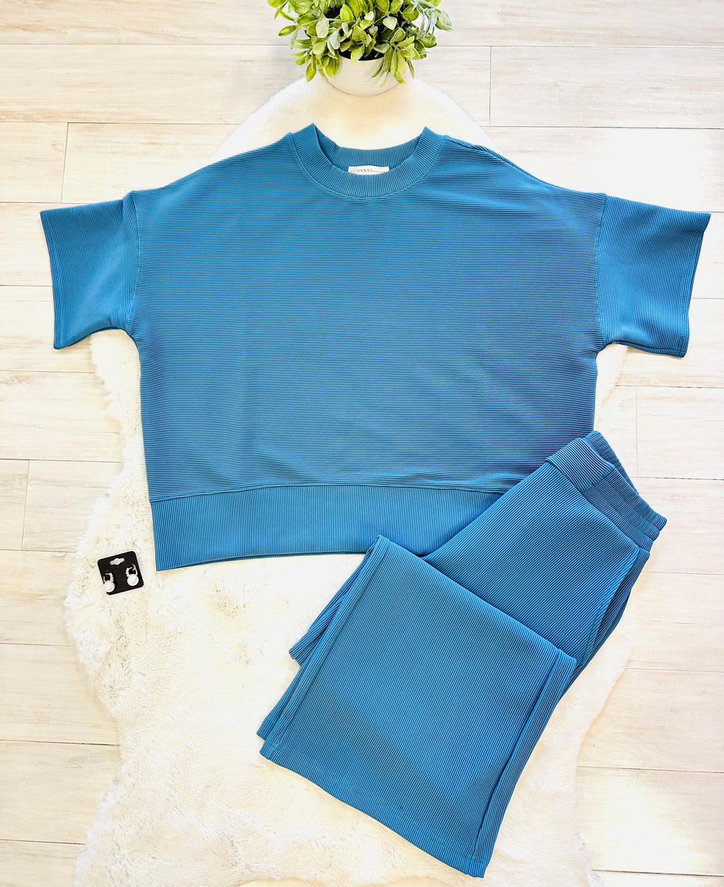 Women’s Zenana Blue Ribbed Pant Set
