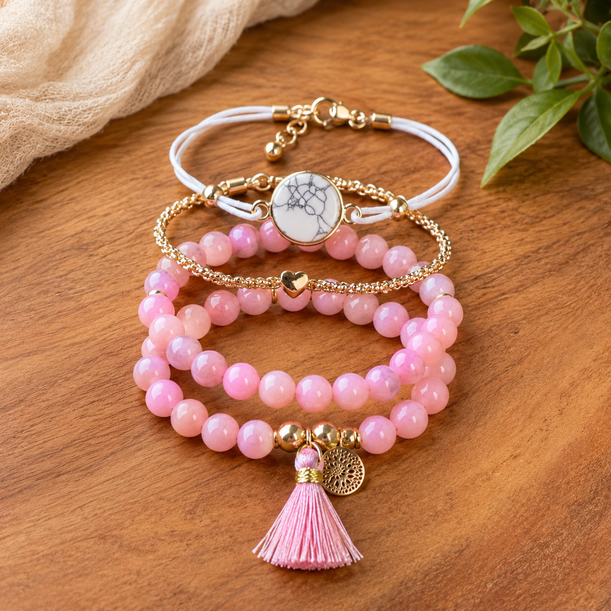 Pink Marble four Piece Bracelet stack