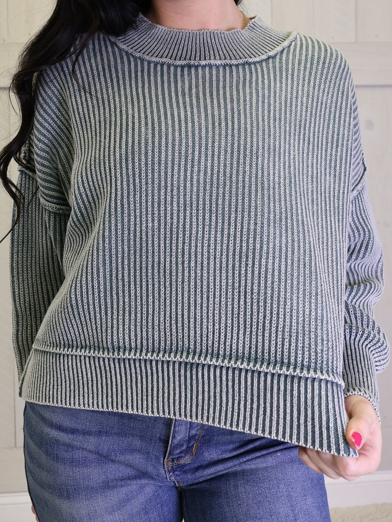 Ash Jade Washed Side Slit Oversized Cropped Sweater