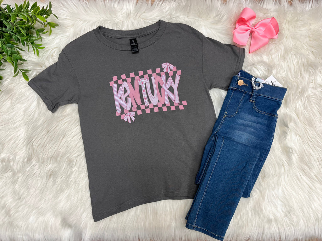 Girls Charcoal Grey Kentucky Mixed Pink Print Tee